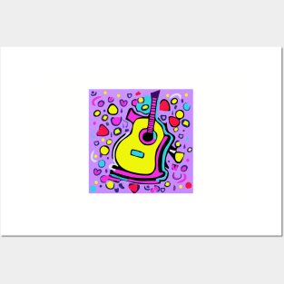 Purple Yellow Guitar Party Posters and Art